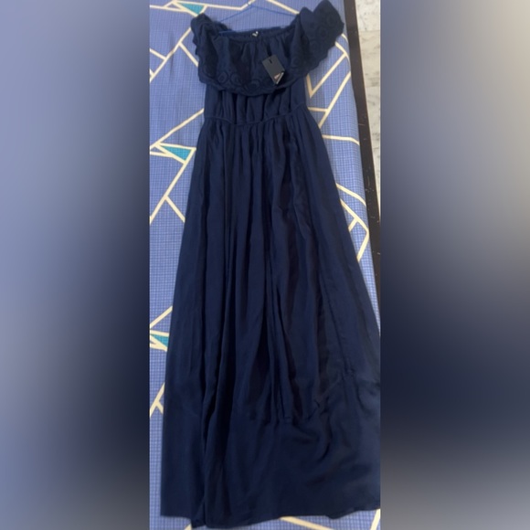 Navy blue self design off-shoulder Maxi dress; elasticated waistband size-36 - Picture 5 of 6